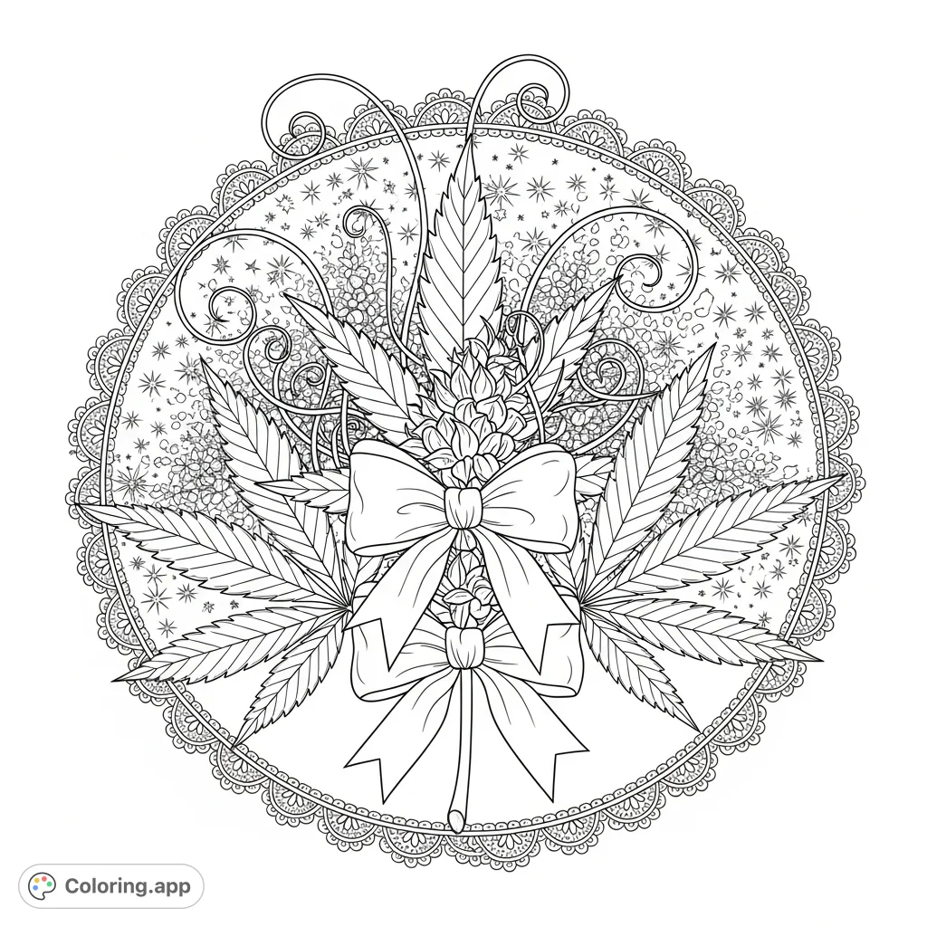 Explore a close-up of three delicate cannabis leaves, each tied with a satin bow, surrounded by shimmering starbursts and an elegant lace border. A unique adult coloring page.