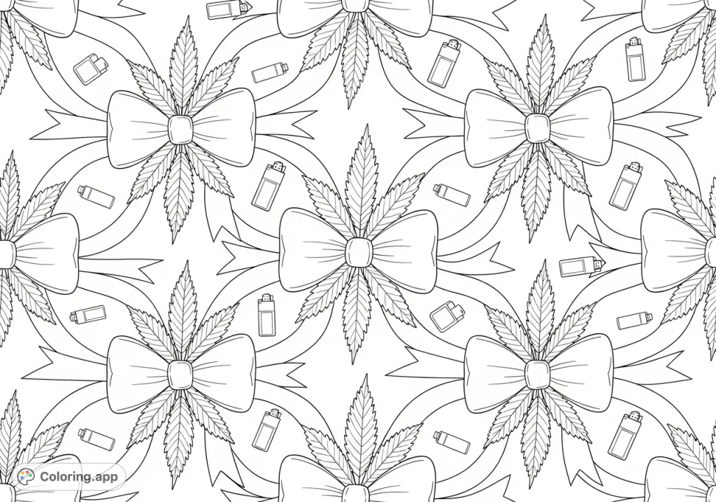 An intricate pattern featuring stylized bows, broad marijuana leaves with detailed veins, and silhouettes of lighters and rolling papers. A unique and detailed coloring experience.