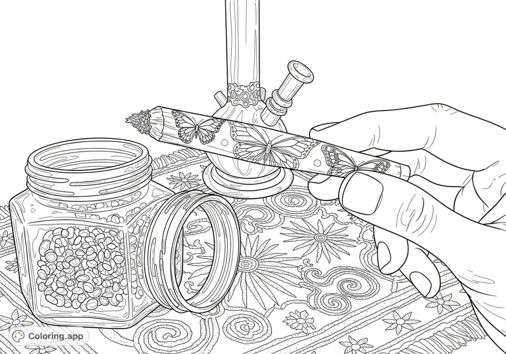 A detailed close-up featuring a hand holding a patterned rolled joint, an open faceted jar, and an embroidered celestial mat, perfect for focused adult coloring.
