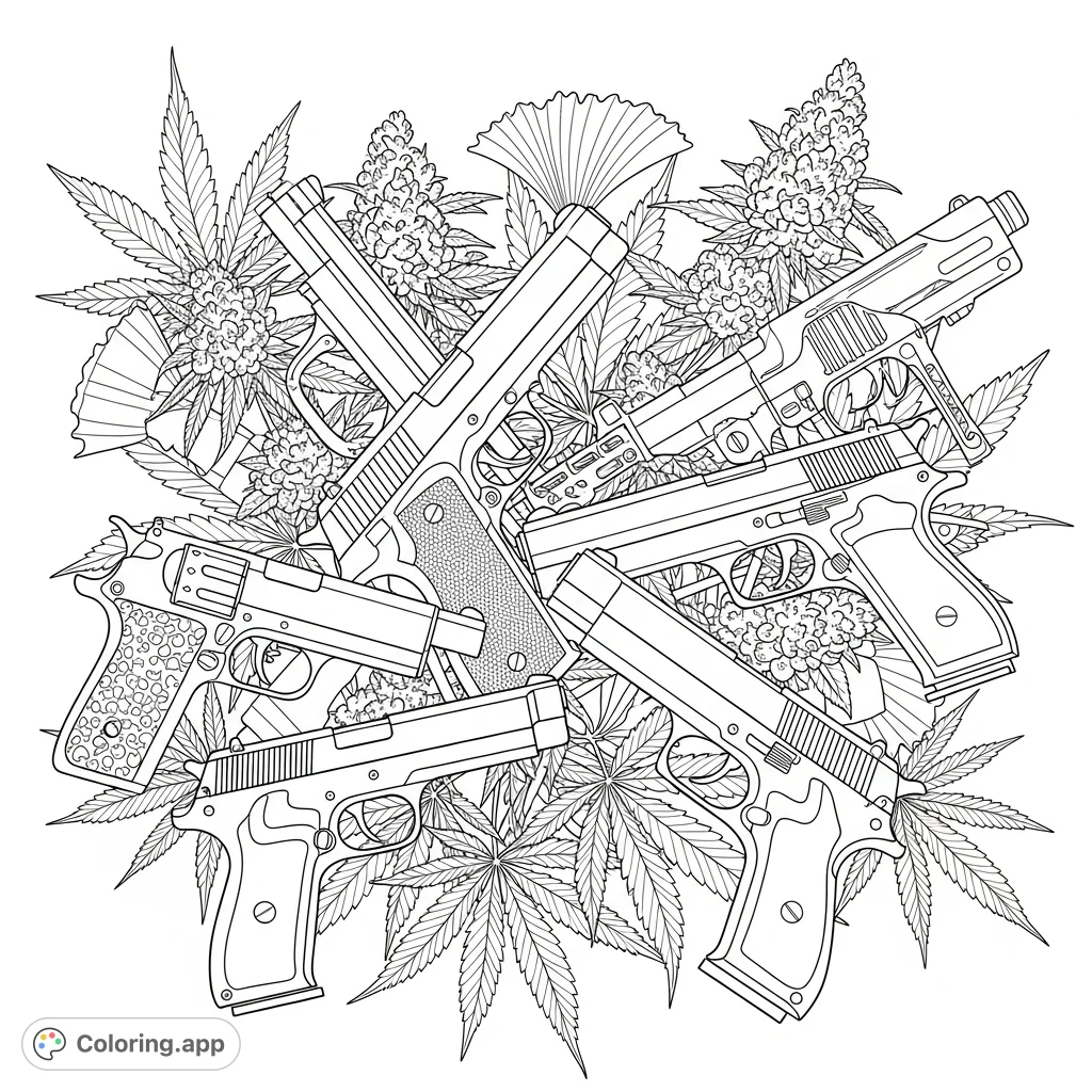 Explore a detailed coloring page showcasing an arrangement of firearms intertwined with lush cannabis plants, offering a unique adult theme.