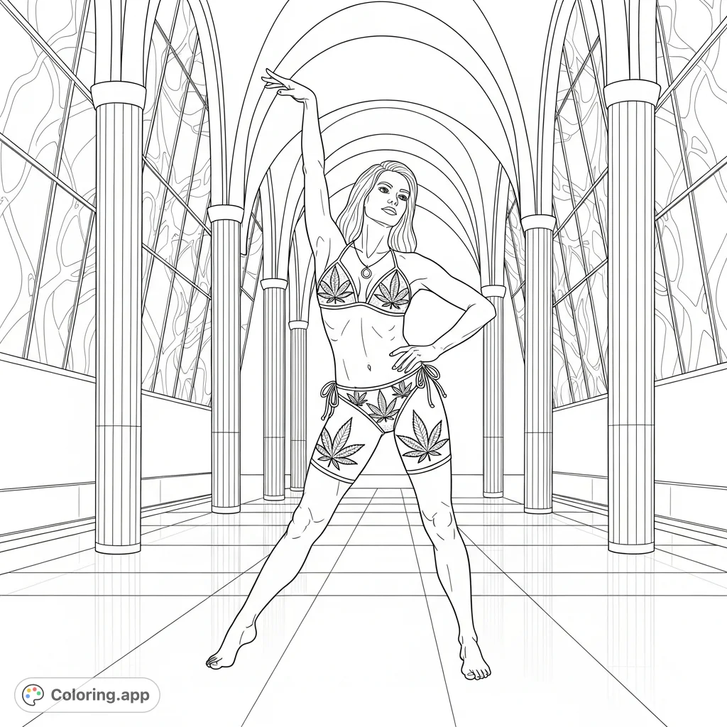A confident woman in a dynamic pose, wearing a bikini with distinctive cannabis leaf patterns, stands in a striking architectural space, perfect for detailed coloring.