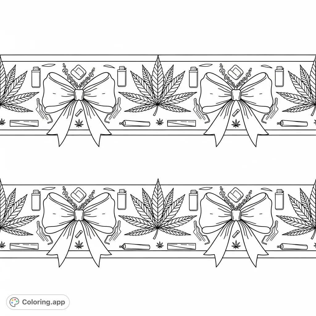A distinctive decorative border coloring page featuring stylized bows, intricately detailed cannabis leaves, lighters, and rolling papers in a repeating motif.