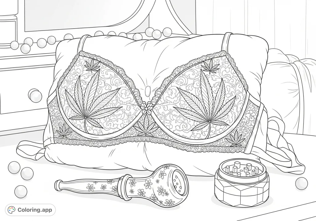 An intricately patterned lace bralette with cannabis leaves rests on a velvet cushion, alongside an ornate glass pipe and a sparkly grinder. A vanity table is blurred behind.
