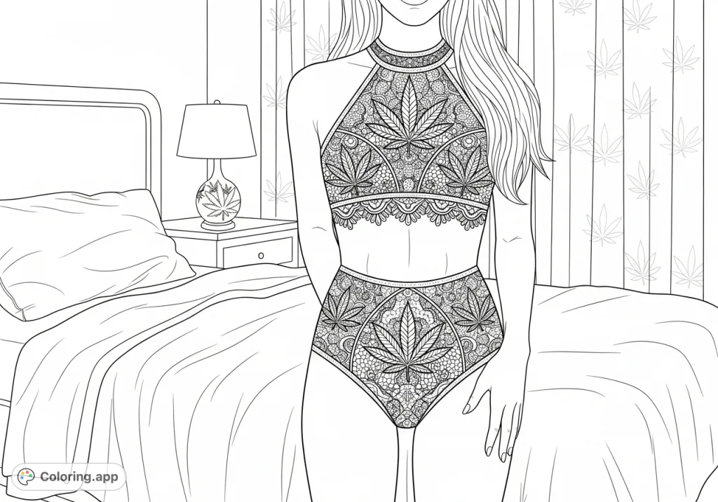 Color a distinctive adult coloring page featuring a person in cannabis-patterned attire within a bedroom setting. Intricate lace and leaf motifs abound.