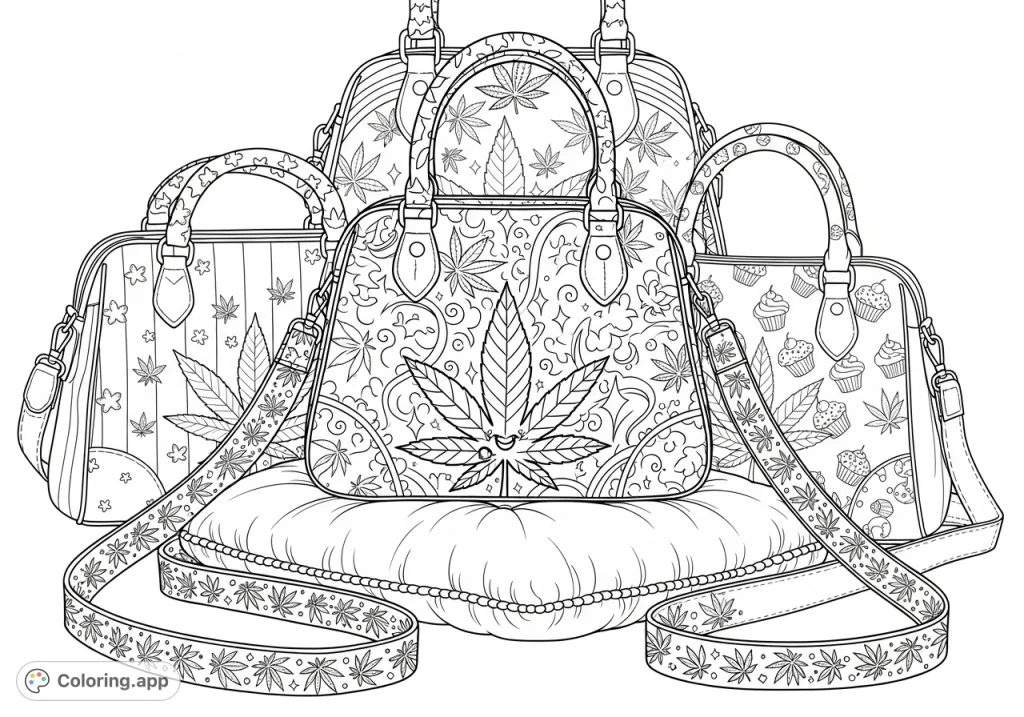 Explore a stylish cannabis fashion coloring page featuring a central purse with a bold cannabis leaf design and three others with 'girly' patterns. An adult coloring page for creativity.