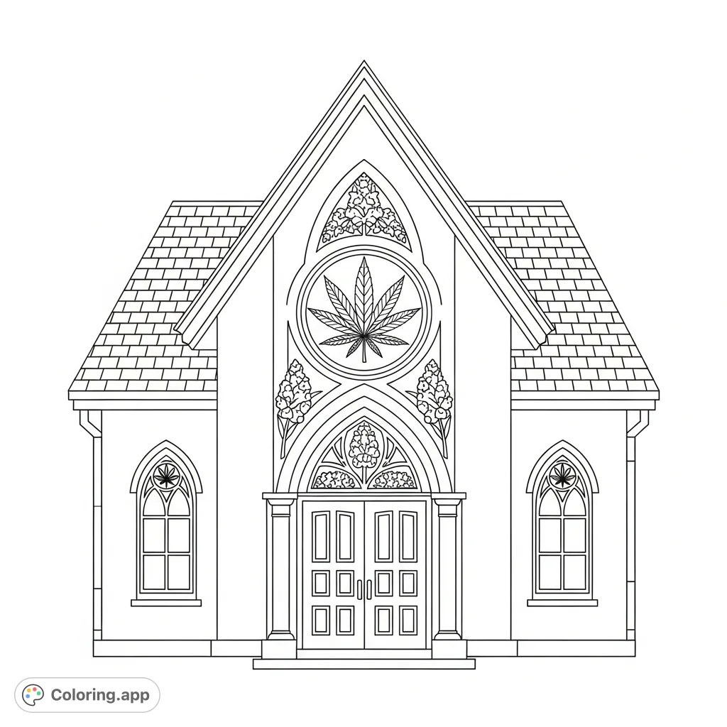 Explore a unique cannabis-themed church entrance coloring page. Features a gable-end design with subtle cannabis leaf motifs integrated into the architecture for a distinctive look.