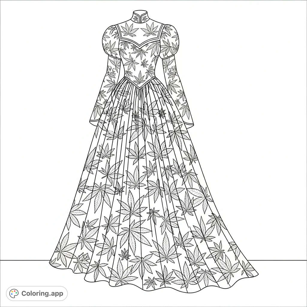 An elegant gown intricately patterned with countless marijuana leaves. This detailed design offers a unique and sophisticated coloring experience for adults.