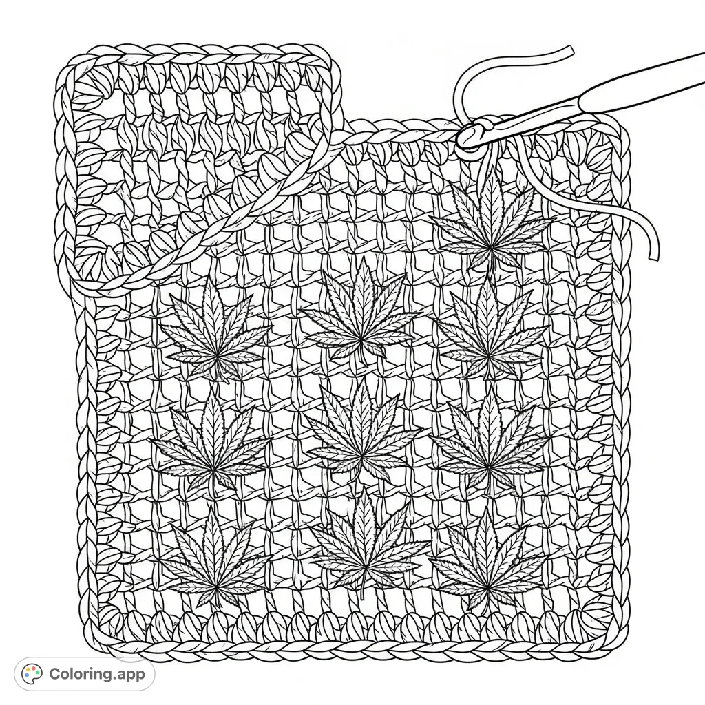 An intricate square-shaped crocheted piece with a repeating cannabis pattern, showcasing textured stitches and a crochet hook forming a new loop. Perfect for adult craft enthusiasts.