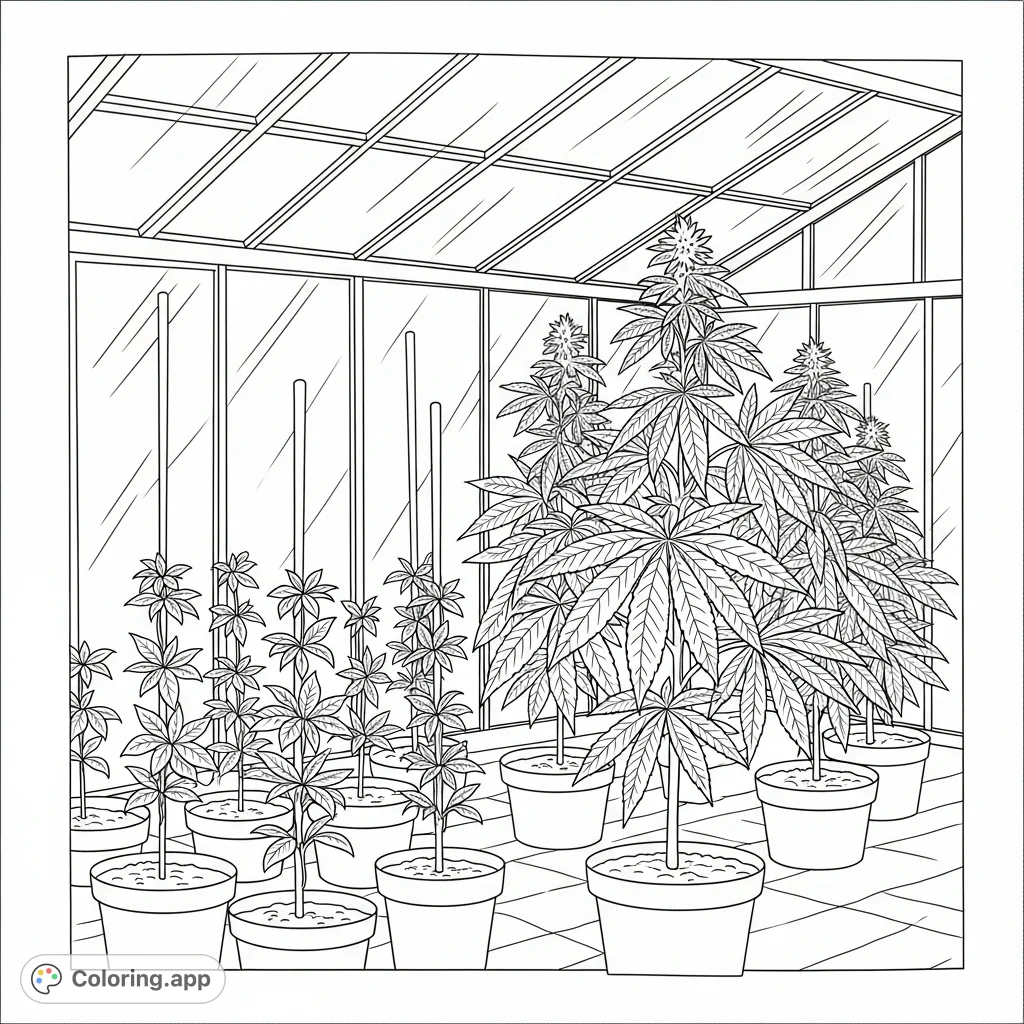 Explore a detailed cannabis plant coloring page, featuring various growth stages from seedlings to mature plants within a simple, sunlit greenhouse setting.
