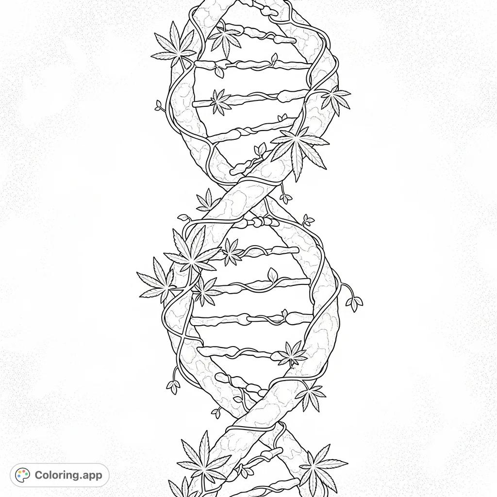 Explore the intricate fusion of biology and botany with this unique DNA cannabis coloring page, featuring cannabis leaves as base pairs on a detailed helix.
