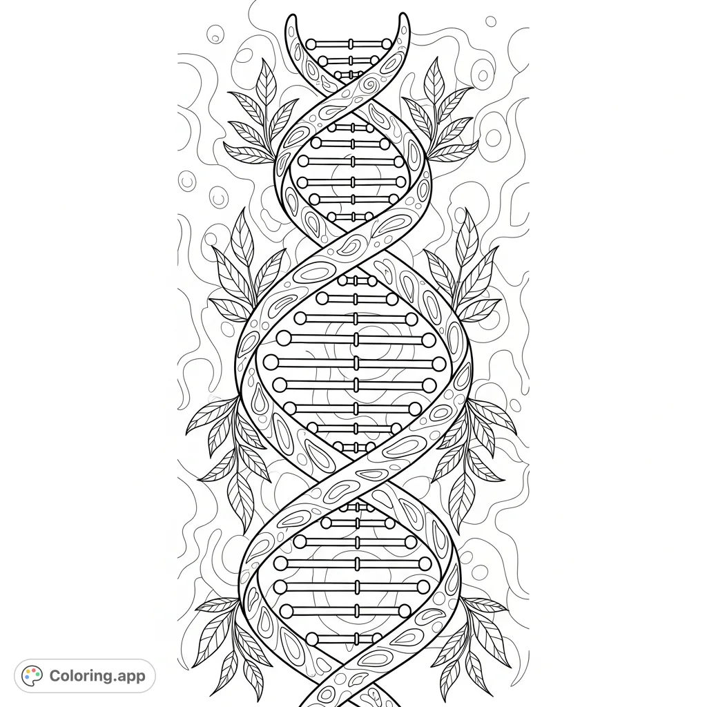 Explore the intricate world of Cannabis dna with this detailed coloring page, featuring botanical and scientific patterns. A unique adult coloring experience.