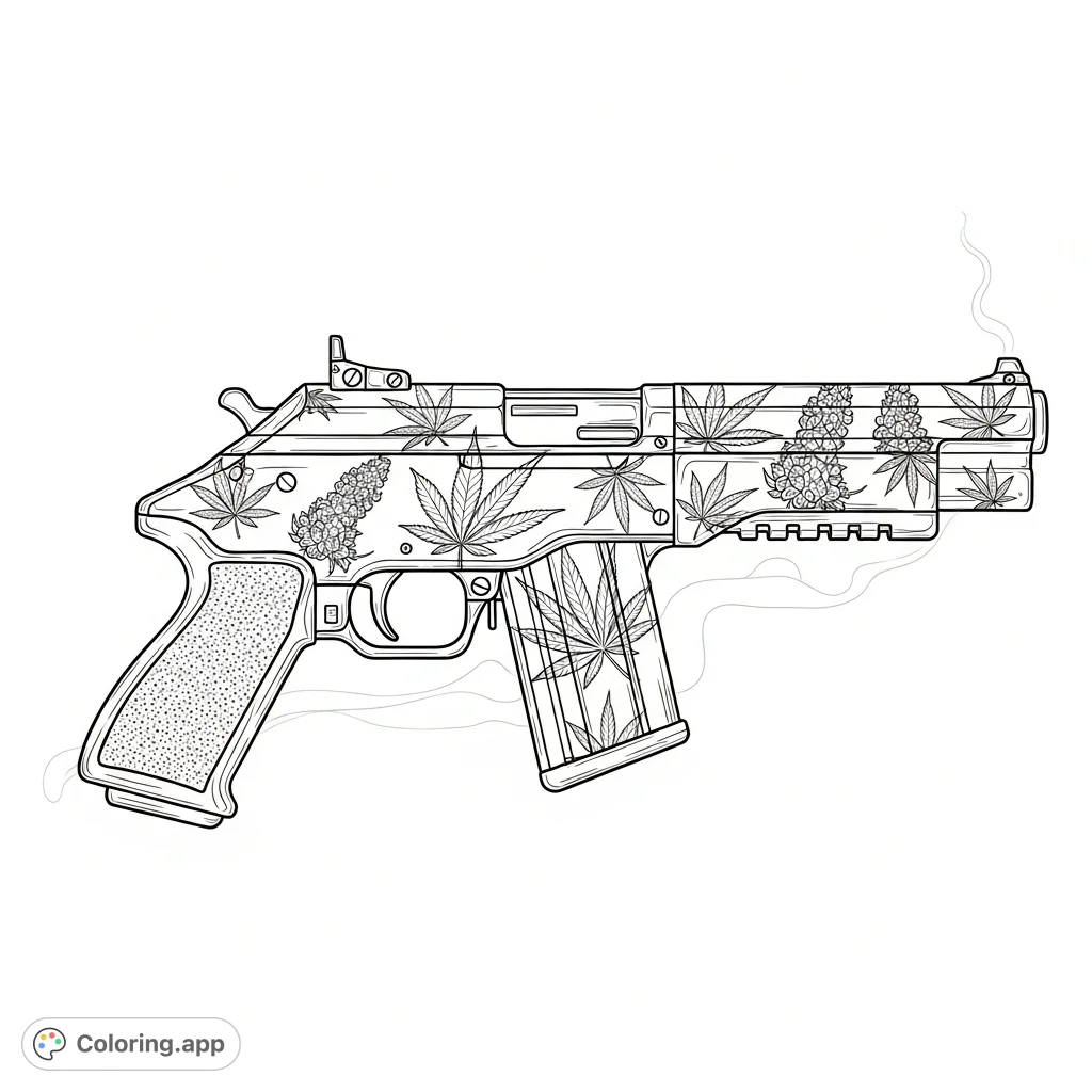 An intricate coloring page featuring a highly detailed firearm adorned with sophisticated cannabis leaf and bud engravings, perfect for adult colorists.