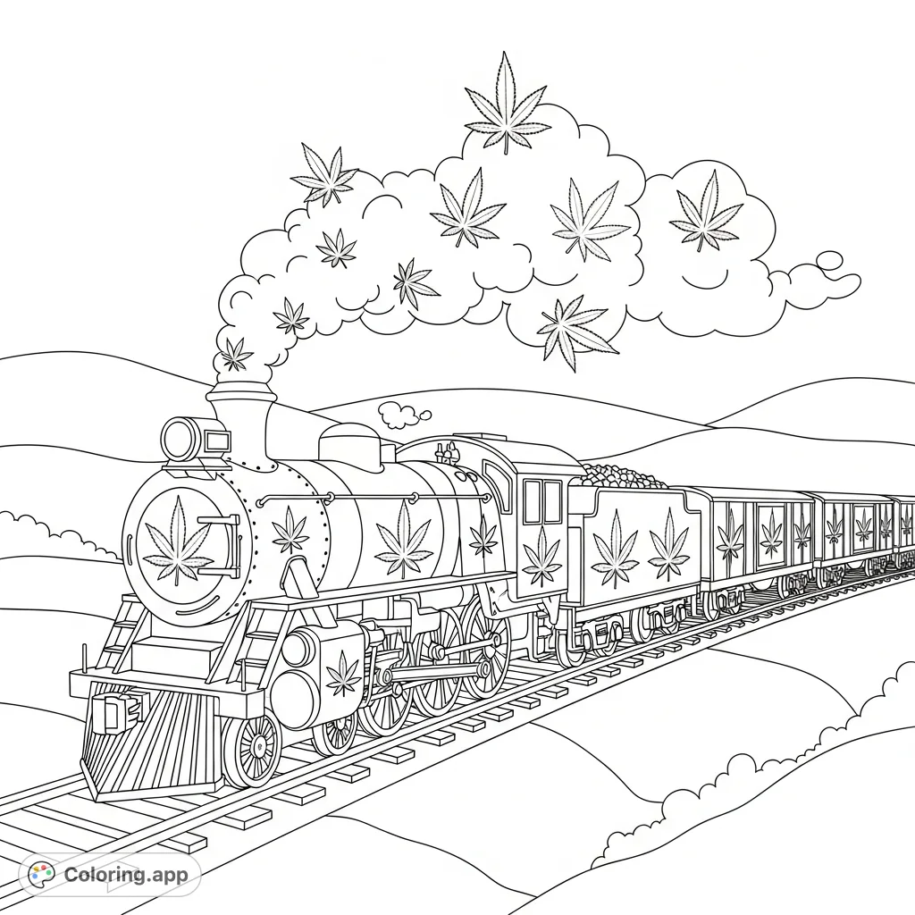 A unique coloring page featuring a powerful steam locomotive adorned with prominent cannabis leaf designs and trailing patterned freight carriages through a landscape.