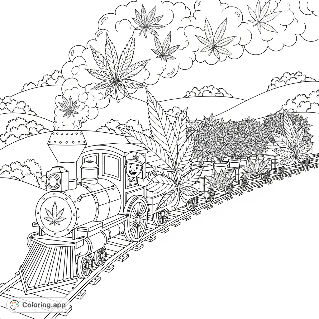Embark on an herbal journey with this cannabis train coloring page. Features a unique locomotive, leaf-shaped cars, and detailed plants.