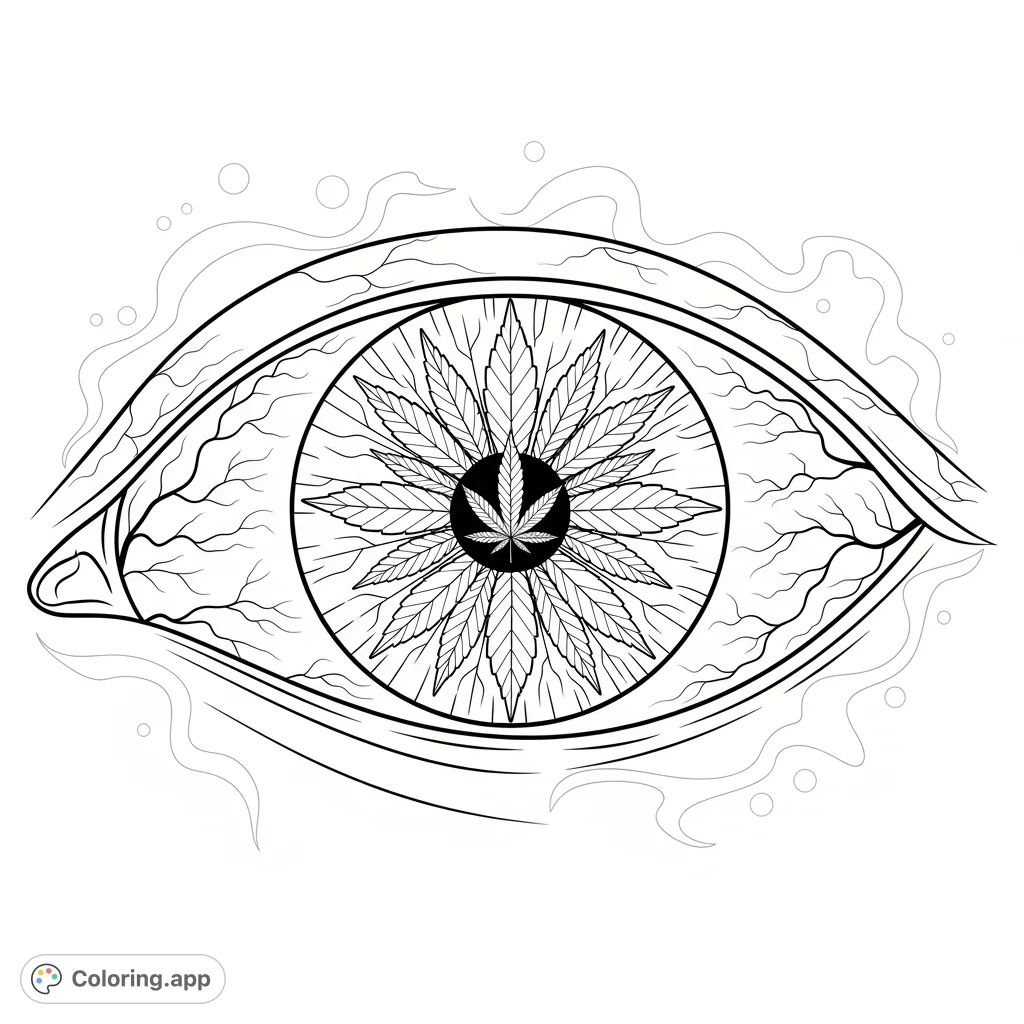 Explore a unique marijuana eyeball coloring page featuring an eye with cannabis leaves as its iris, intricate veins, and smoke patterns in the background. Free printable for adults!