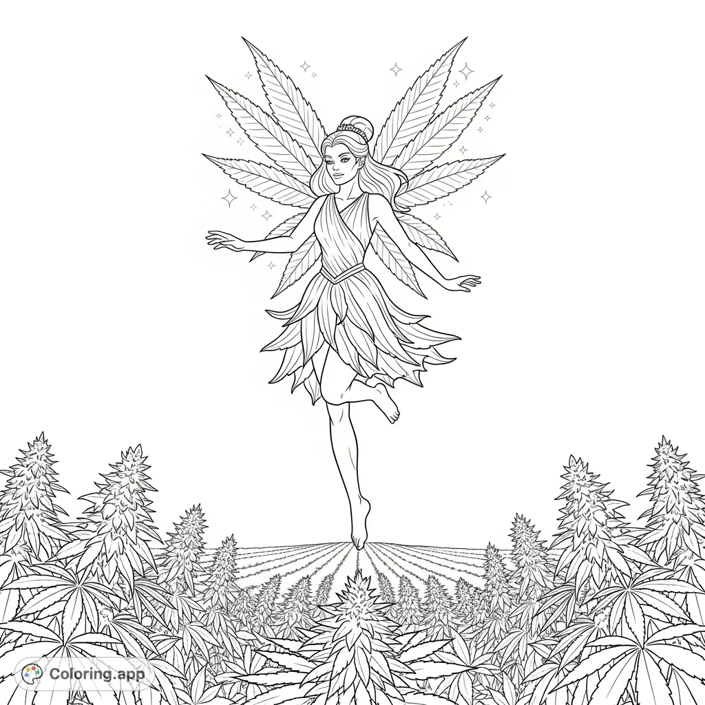 A graceful cannabis fairy with intricately shaped leaf wings hovers above a field of lush plants. A mystical scene offering a serene yet powerful presence for adult colorists.
