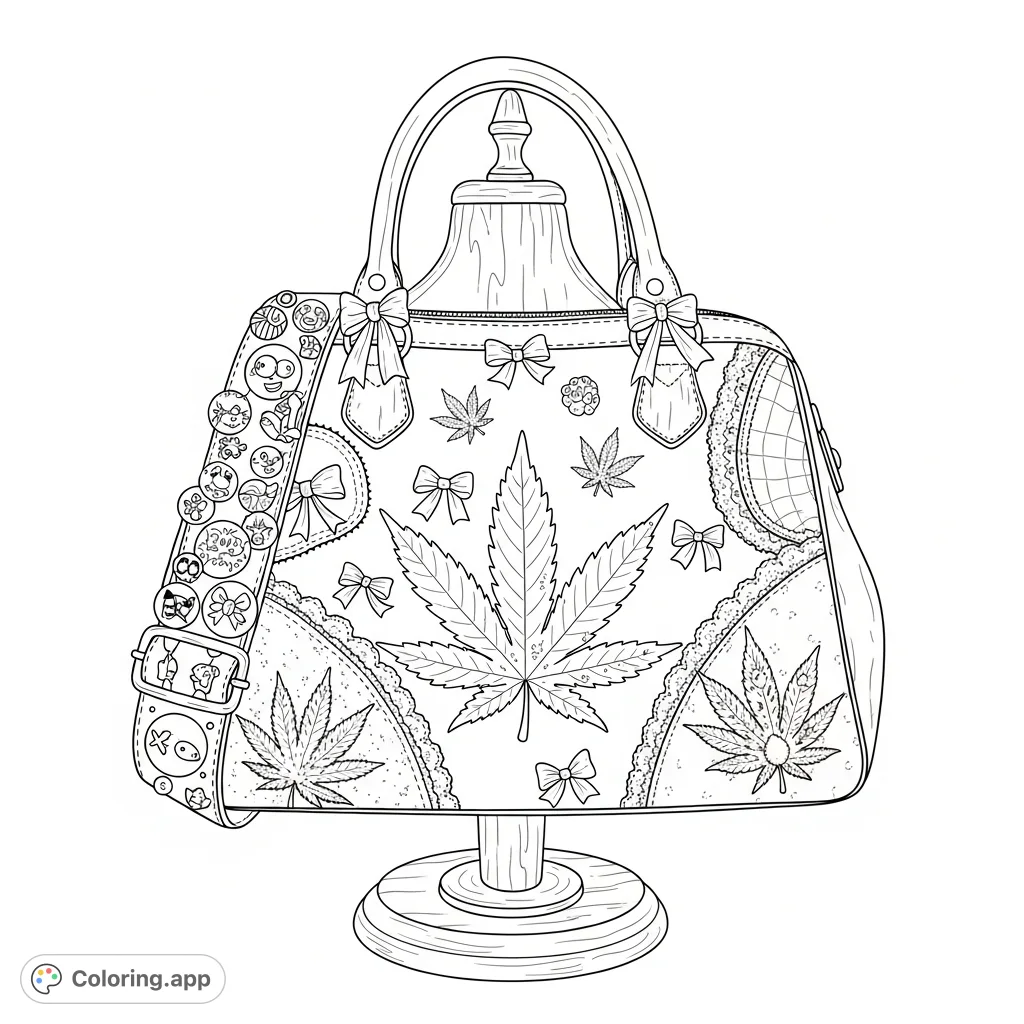 Discover a chic handbag adorned with cannabis leaf motifs, shimmering patches, lace, and playful pins, resting on a vintage wooden stand. A unique fashion statement.