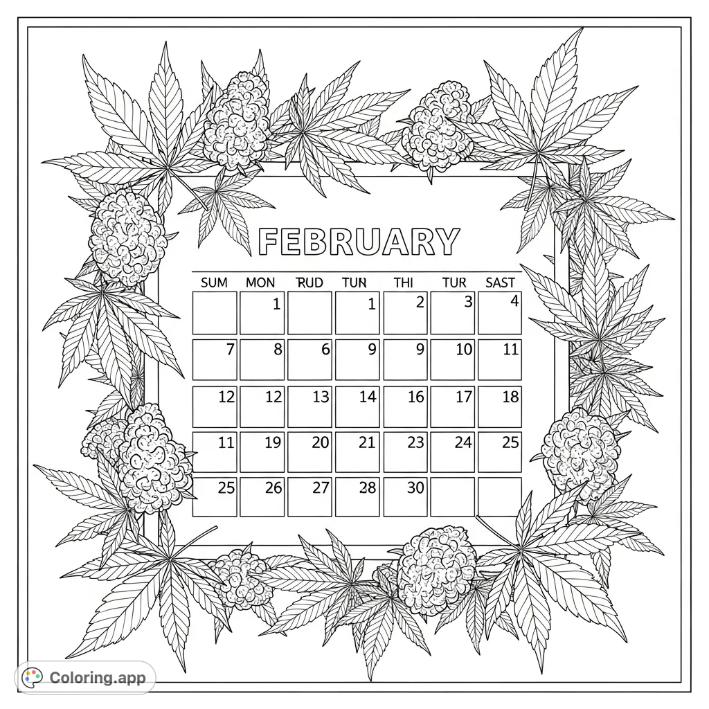 Detailed February calendar adorned with cannabis leaves and buds, perfect for personalizing your month with unique plant-inspired art. A unique adult coloring page.