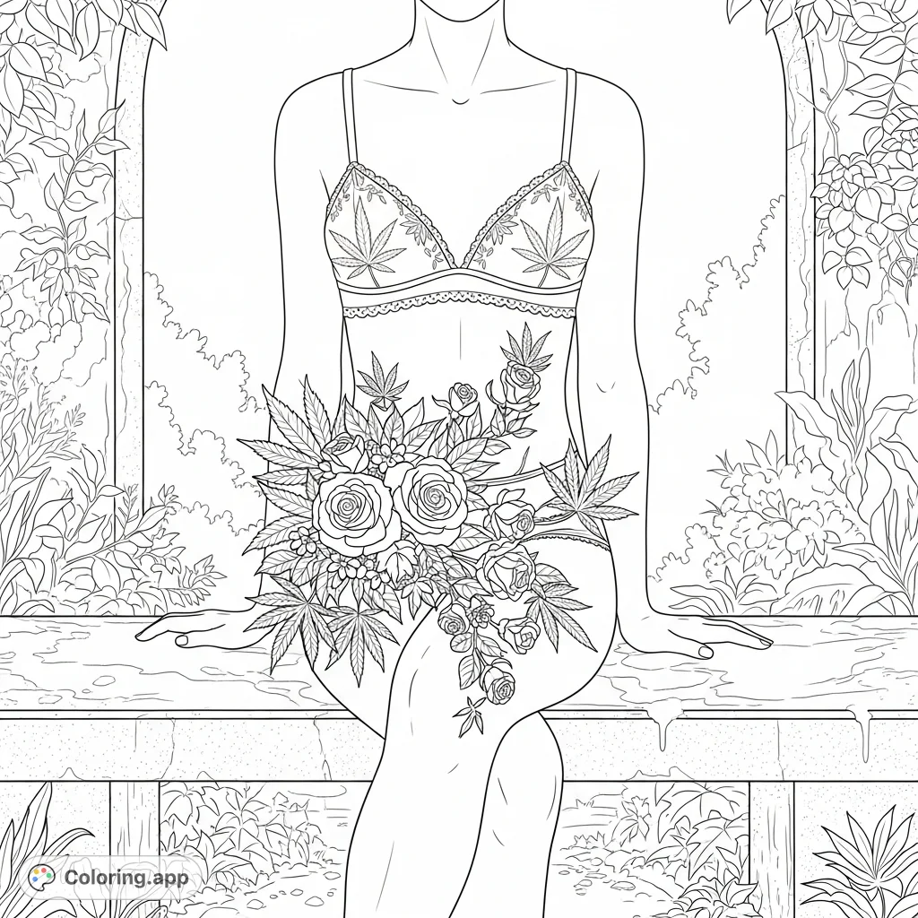 An elegant female figure on a stone bench, adorned with a delicate lace cannabis undergarment and intricate cannabis floral body art, set in a tranquil garden.
