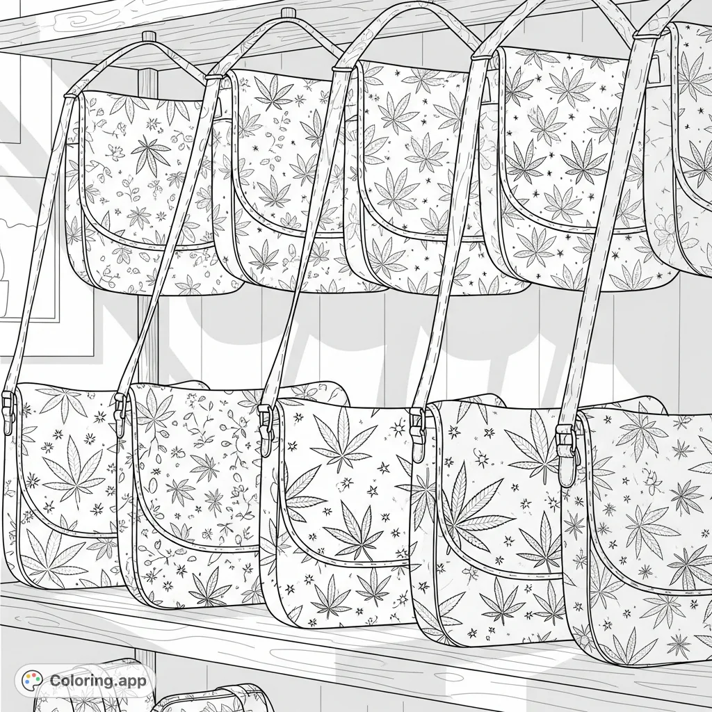 Discover a unique display of shoulder bags featuring stylized cannabis leaves, delicate floral motifs, and stars. A captivating adult coloring page.