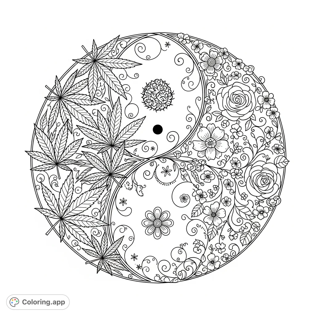 An elegant cannabis and floral Yin Yang coloring page, blending natural leaf textures with delicate blossoms and swirling patterns for a unique aesthetic.