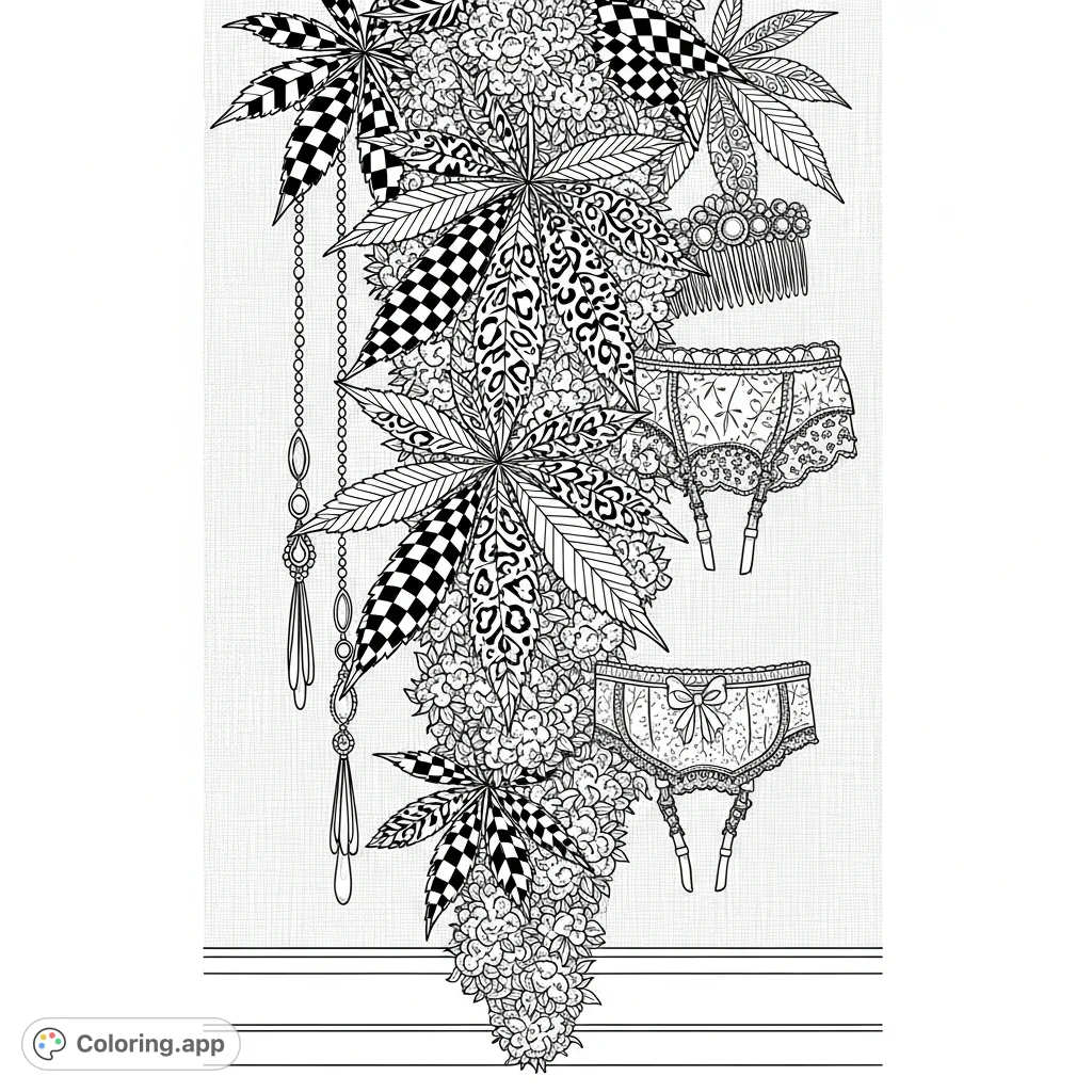 A detailed coloring page featuring a lavish cascade of cannabis leaves and buds adorned with elegant jewelry, set against a subtly textured wall, creating a sophisticated boudoir scene.