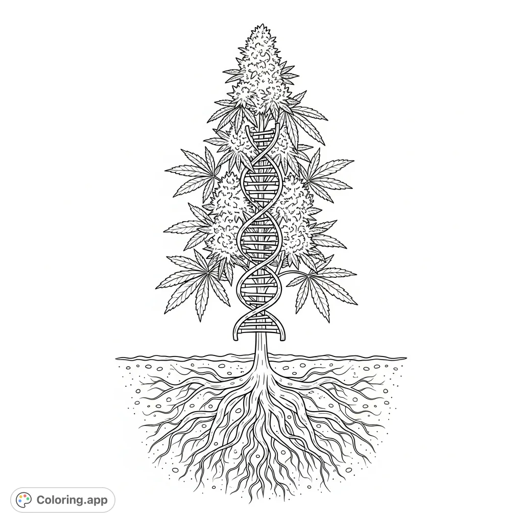 Explore a flourishing marijuana plant where its stalk merges into a spiraling double helix, revealing its genetic essence amidst lush foliage and developing buds.