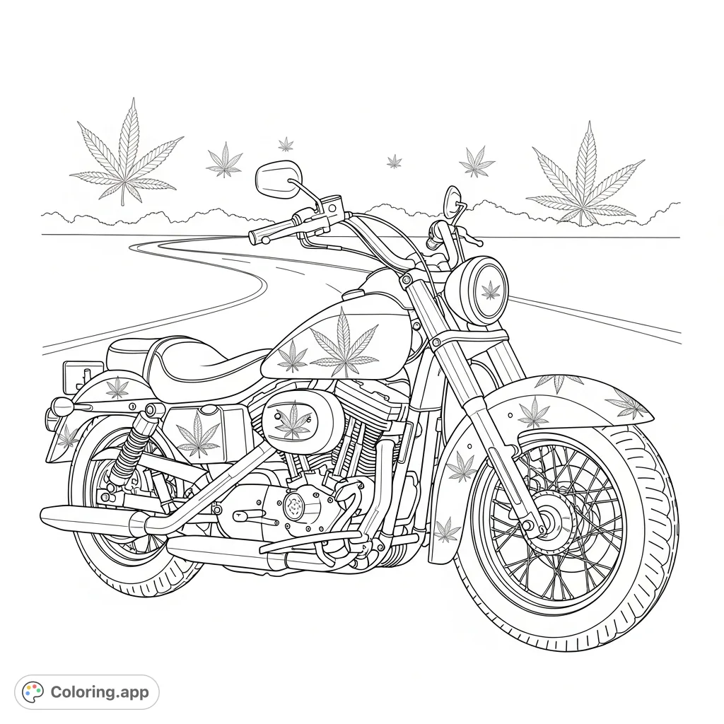 An iconic Harley Davidson motorcycle adorned with intricate cannabis leaf patterns, merging classic design with a unique botanical theme. A striking adult coloring page.