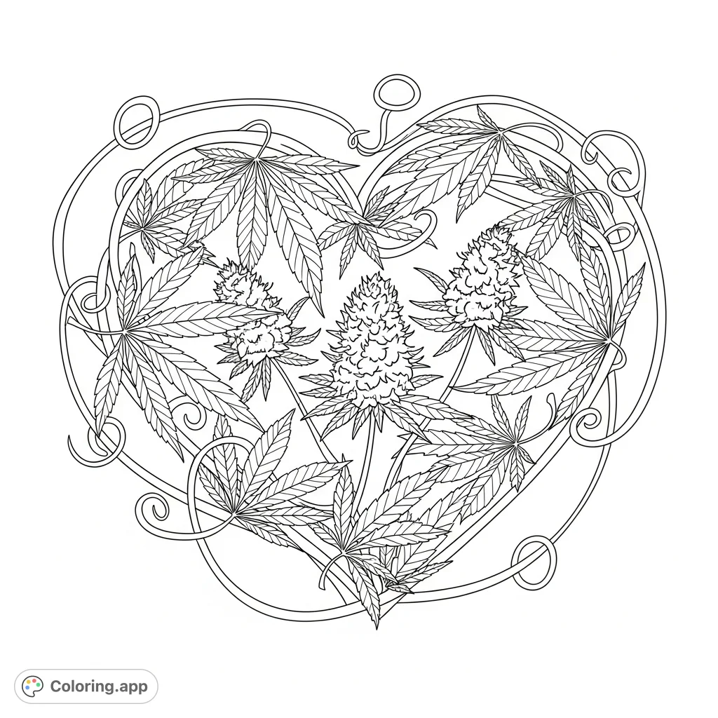 An intricate cannabis heart, composed of twisting stalks, veined leaves, and bursting flowers, framed by a delicate spiraling tendril. A detailed adult coloring page.