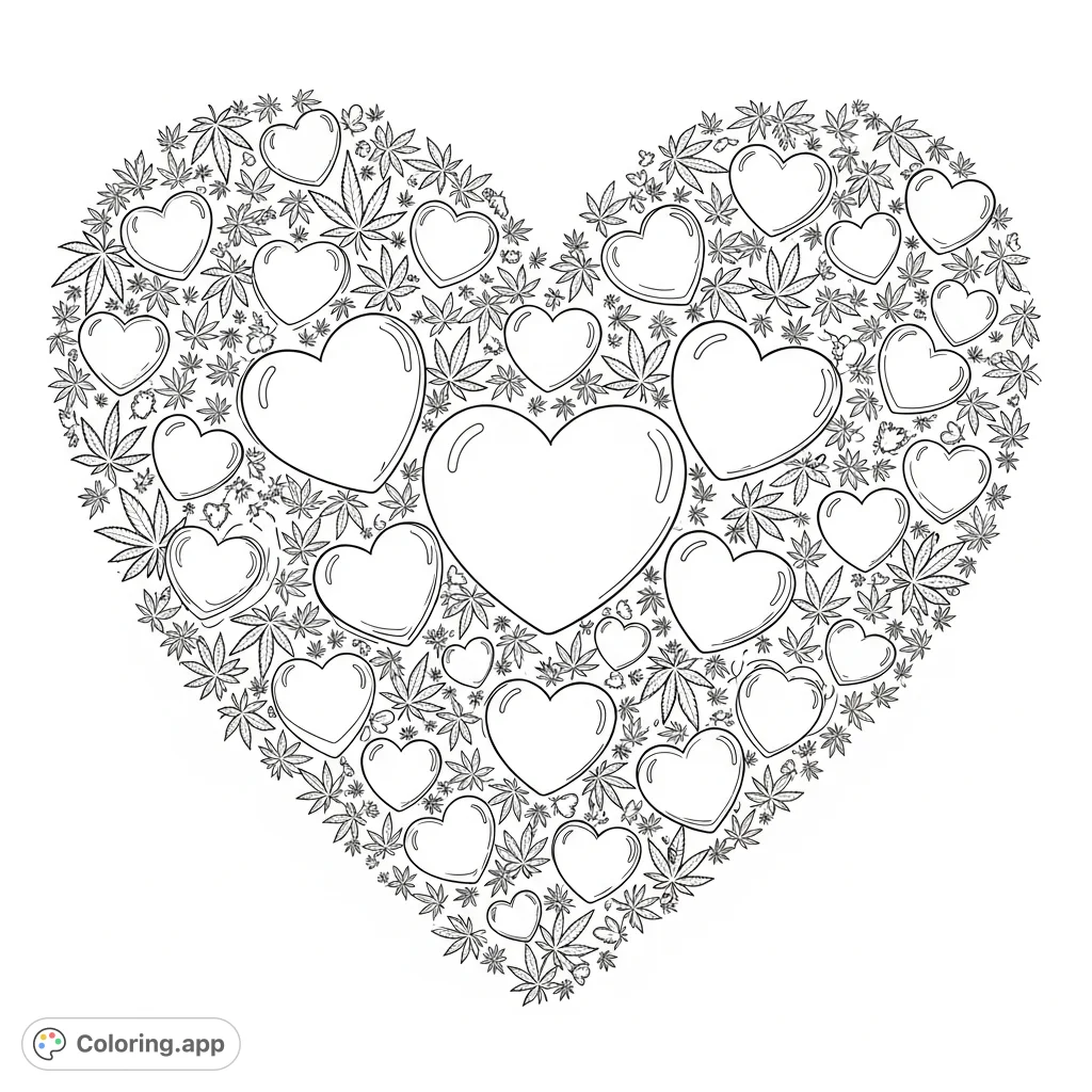 A unique design featuring numerous individual cannabis leaves shaped into small hearts, forming a larger heart outline with smooth heart-shaped cushions inside.