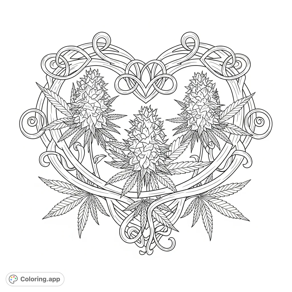 An intricate cannabis heart, formed by twisting stalks and mature leaves, reveals three bursting flowers within, framed by a delicate, spiraling tendril.