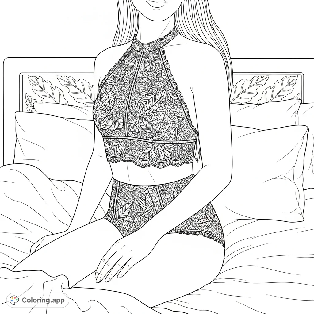 A detailed adult coloring page featuring a person in a two-piece garment with intricate cannabis lace patterns, set on a bed with subtle leaf motifs.