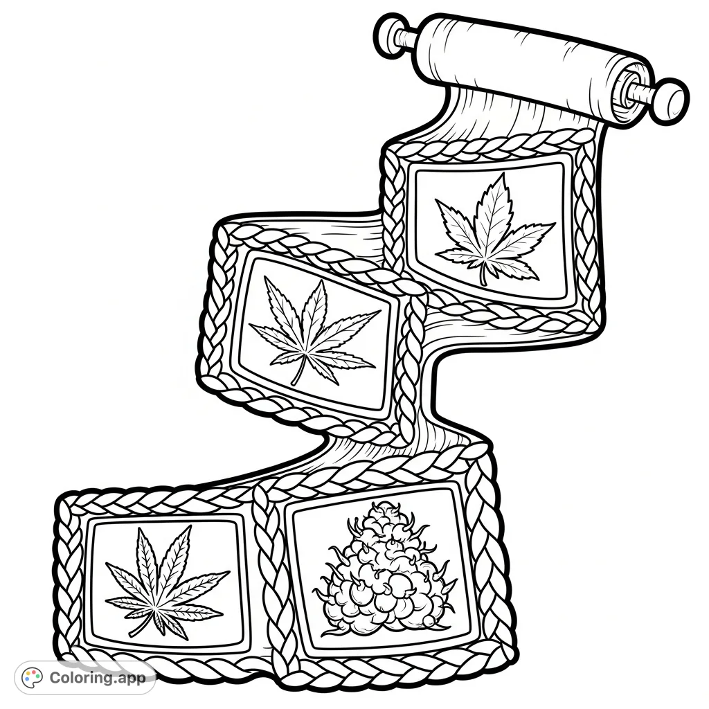 Discover a unique cannabis leaf and bud banner coloring page, featuring intricate braided borders and diverse plant designs on a flowing scroll.