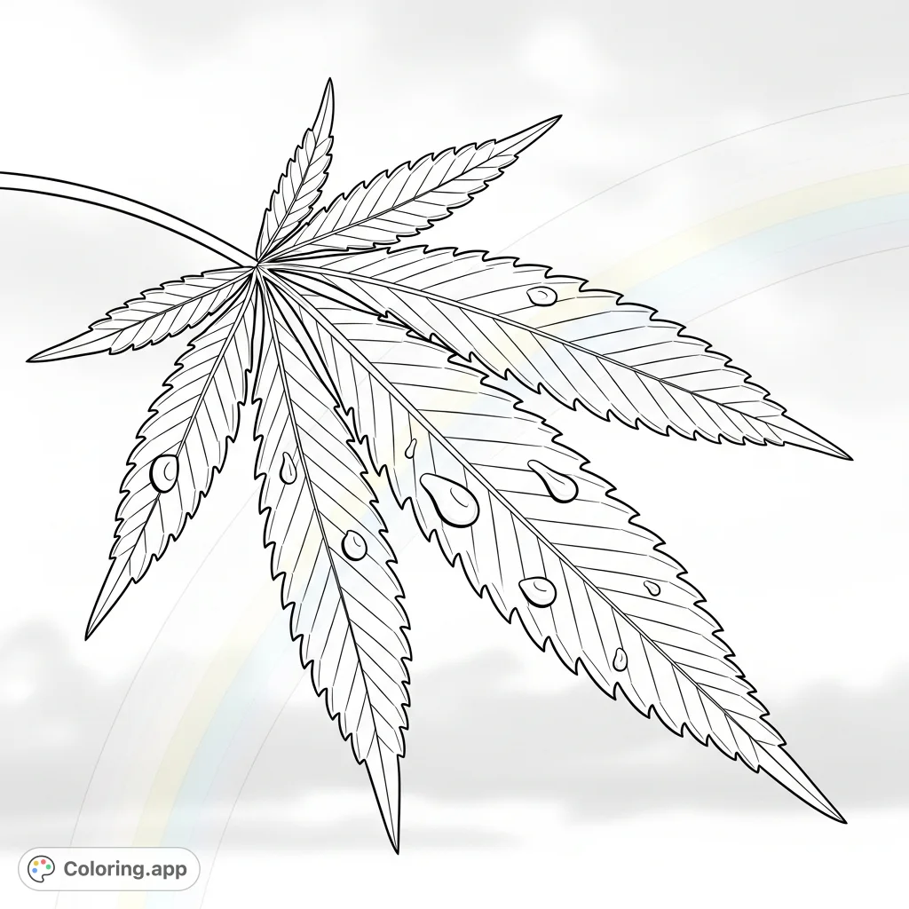 A striking cannabis leaf with intricate venation and serrated edges, adorned with water droplets. A vibrant rainbow emerges from behind, casting a soft glow.