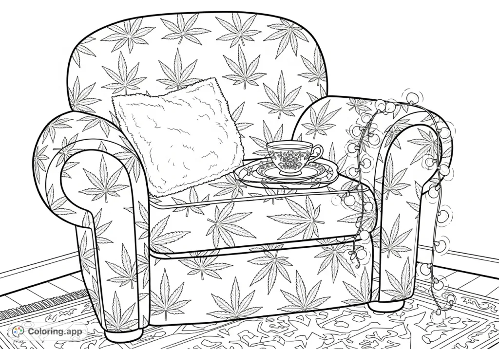 Discover a unique cannabis leaf armchair coloring page, featuring a plush chair with a repeating pattern, delicate teacup, and fairy lights for a cozy vibe.