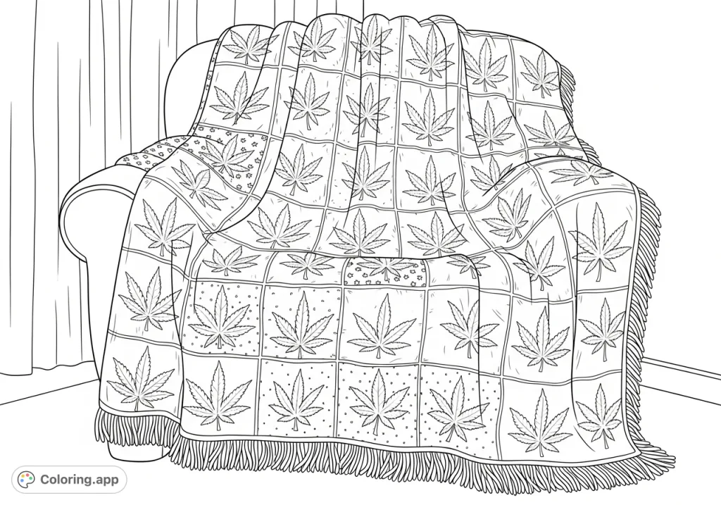 Unwind with this unique cannabis blanket coloring page, featuring intricate leaf outlines on patchwork squares draped over a plush armchair. A detailed design for adult colorists.