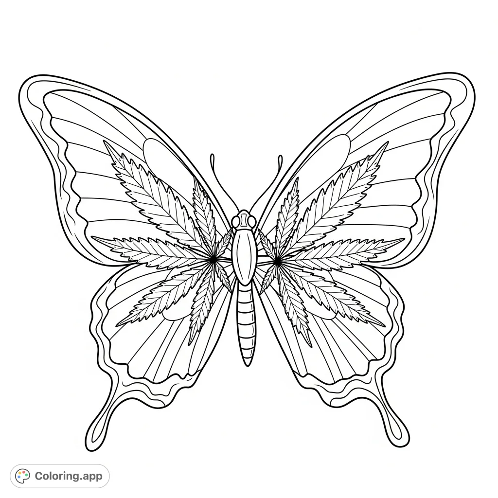 An intricate cannabis butterfly coloring page featuring detailed leaf patterns on its wings, perfect for adult colorists seeking a unique artistic challenge.