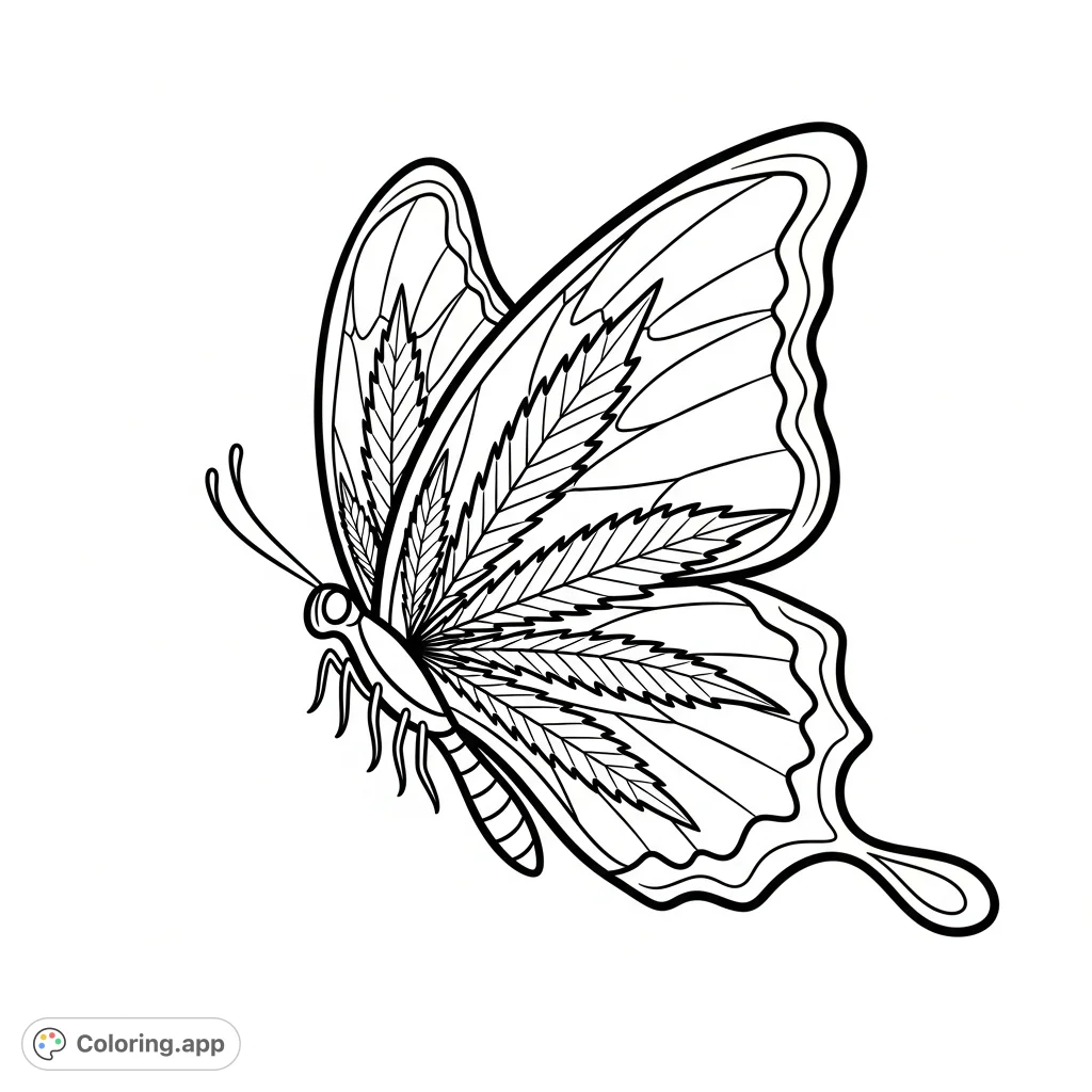A unique butterfly design with intricate cannabis leaf patterns on its four wings and a slender body, captured in a graceful, hovering pose. Ideal for adult colorists.