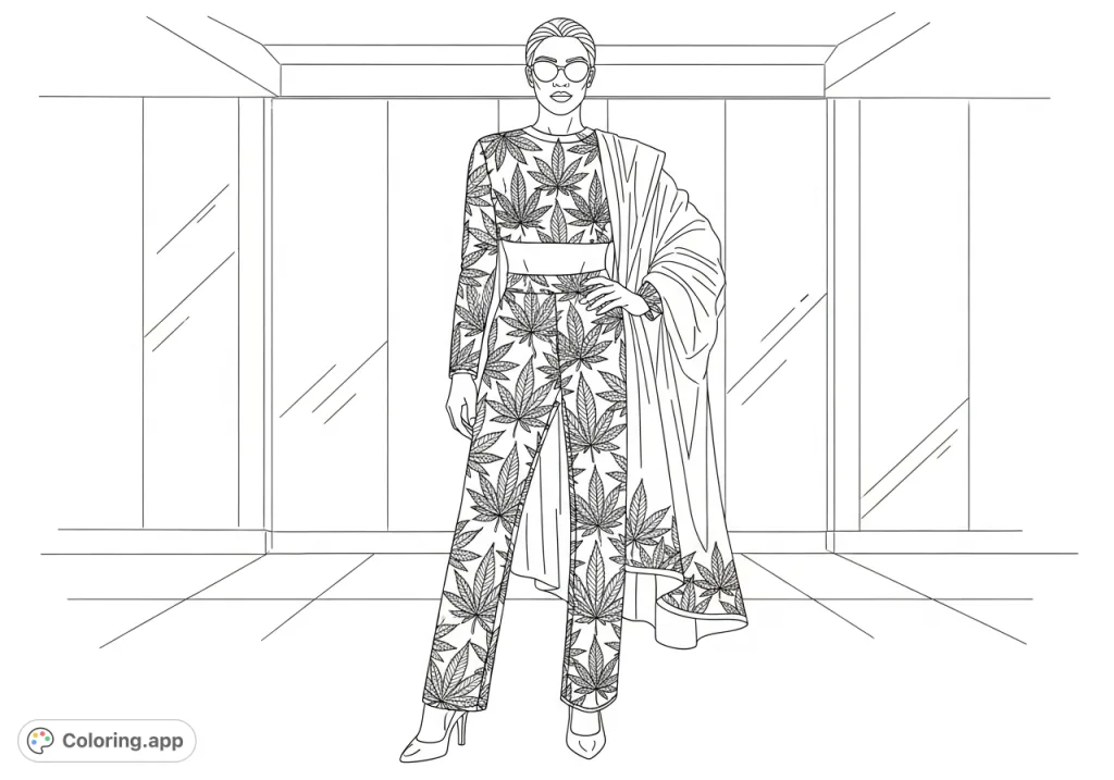 A confident figure in a sophisticated two-piece outfit adorned with intricate cannabis leaf patterns. A stylish and detailed design for adult colorists.