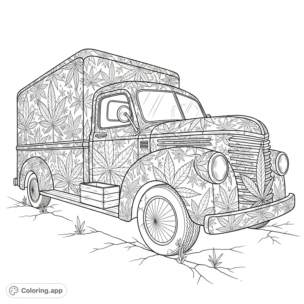 An old-fashioned delivery truck, intricately constructed from a mosaic of cannabis leaves, parked on cracked asphalt. A unique and detailed cannabis-themed coloring page.