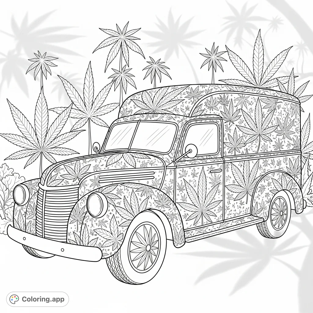 An intricate cannabis leaf delivery truck parked in a botanical garden, offering a unique and detailed cannabis leaf coloring page for adults.