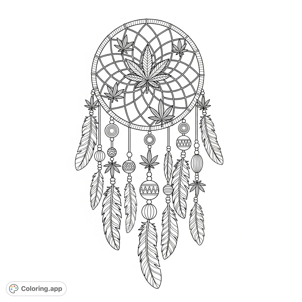 An intricate cannabis leaf dream catcher coloring page, featuring detailed webbing, stylized marijuana leaves, flowing feathers, and decorative beads. Perfect for adult relaxation.