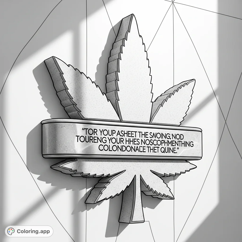 A contemporary cannabis leaf emblem, crafted from smooth stone, features a polished band with an etched quote, set against a geometric wall pattern.