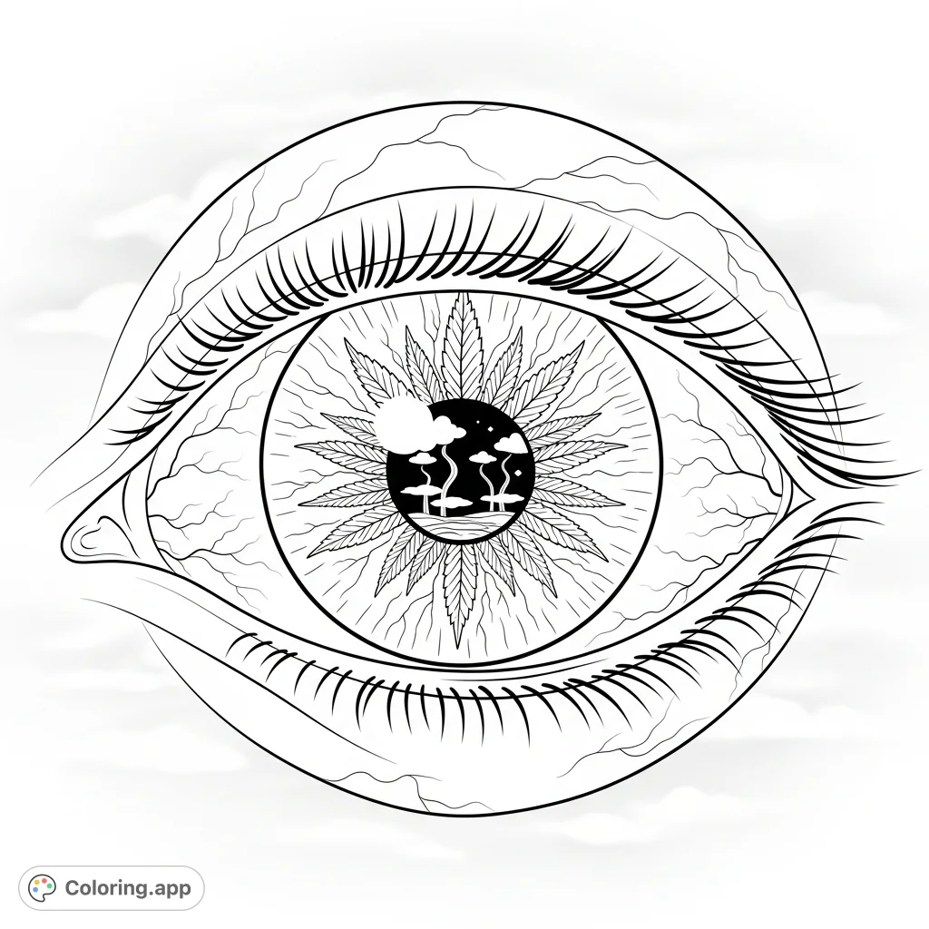 An intricate cannabis leaf design forms the iris and pupil of a detailed human eye, surrounded by delicate veins and atmospheric smoke reflections.