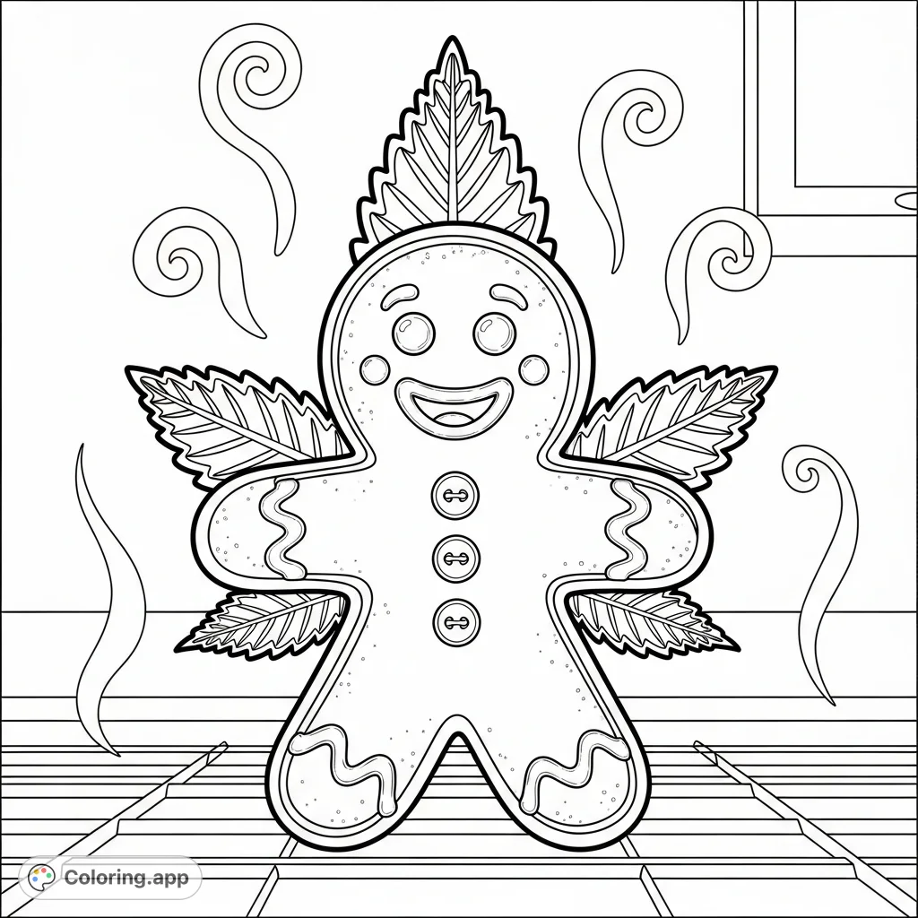 A unique gingerbread cookie shaped like a cannabis leaf, adorned with charming icing details. A fun and whimsical treat for creative adult coloring.