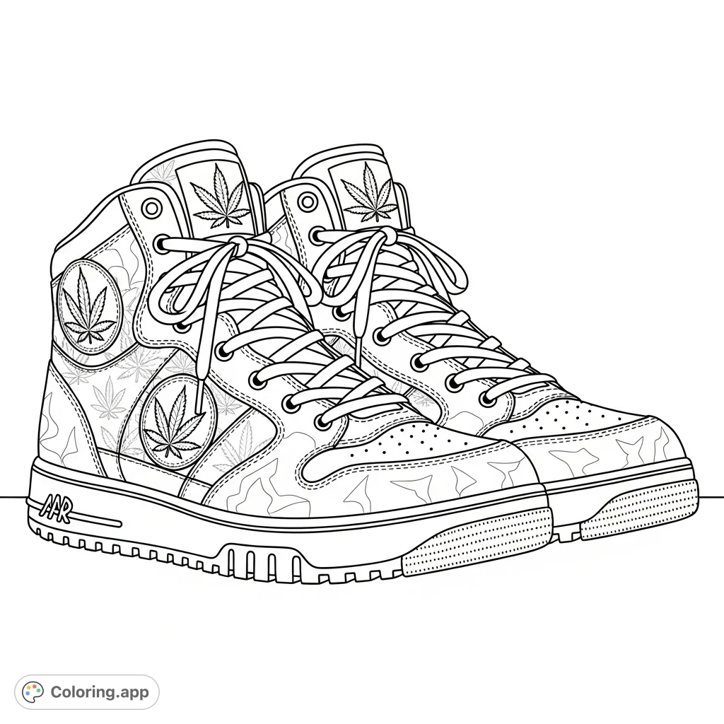 Detailed high-top sneakers feature intricate cannabis leaf motifs, prominent stitching, and textured soles. A unique and complex coloring experience for adults.