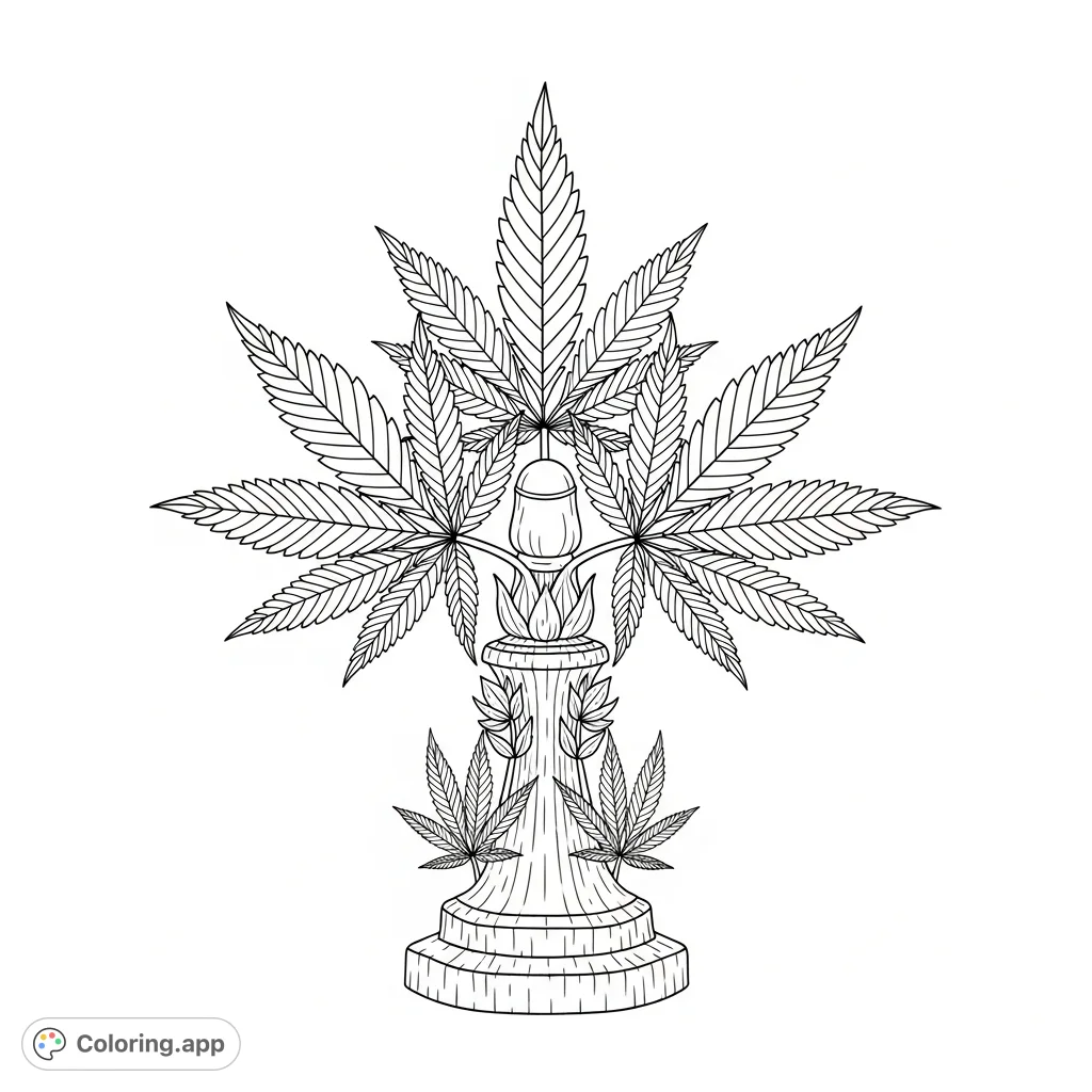 Illuminate your creativity with this intricate cannabis leaf lamp coloring page. Features detailed botanical elements for adult colorists.