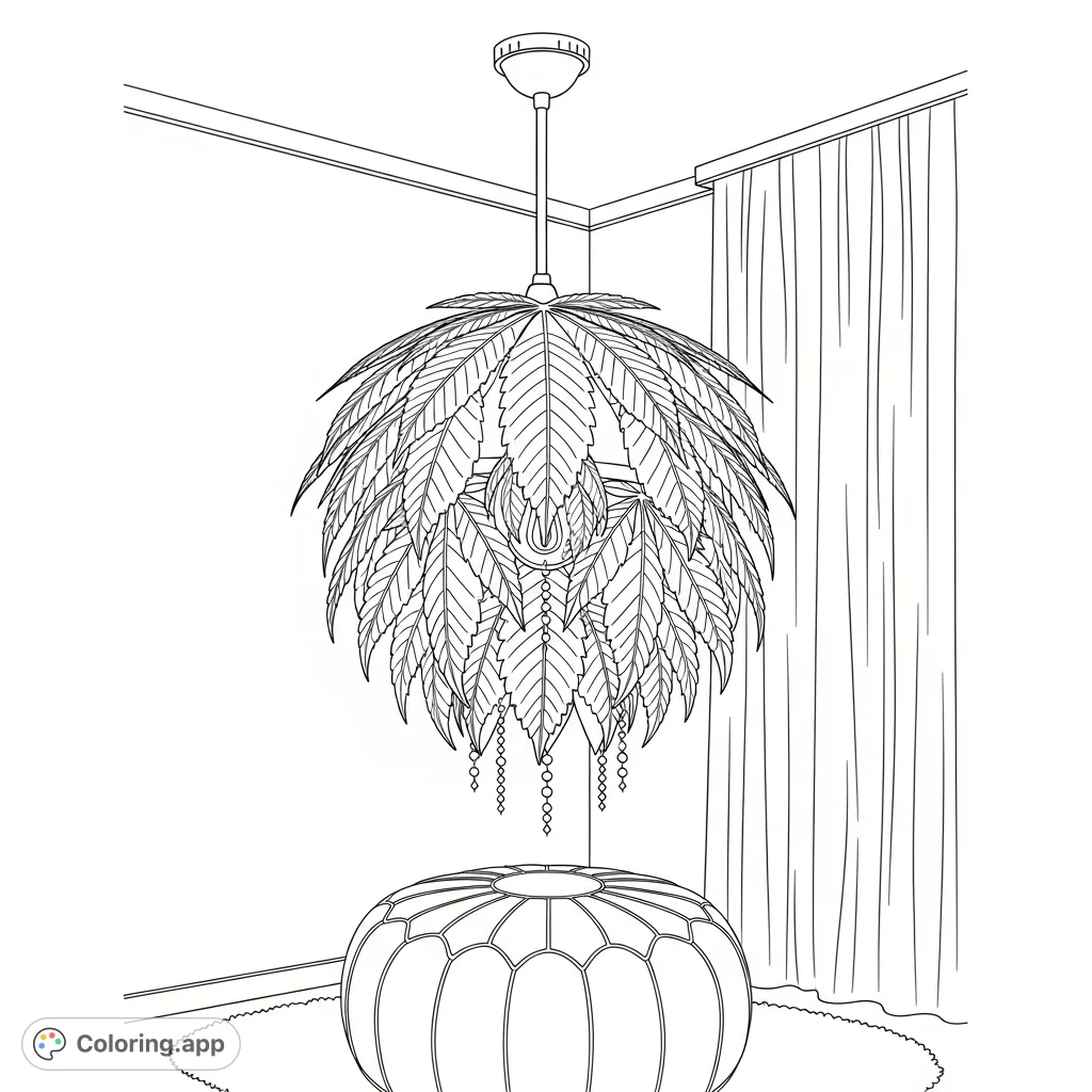 A unique decorative hanging lamp crafted from layered cannabis leaves, featuring intricate vein patterns and delicate beaded strands, illuminating a cozy corner.