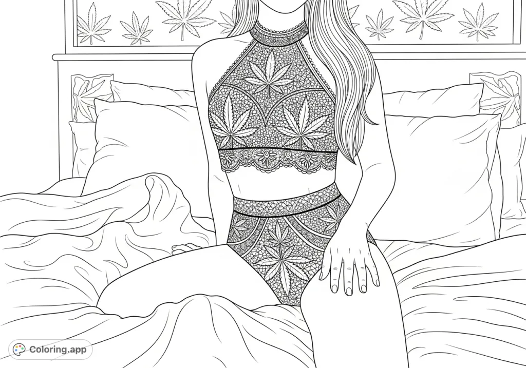 An adult coloring page featuring a person in a stylish two-piece garment with intricate cannabis leaf patterns, set in a subtly themed bedroom.