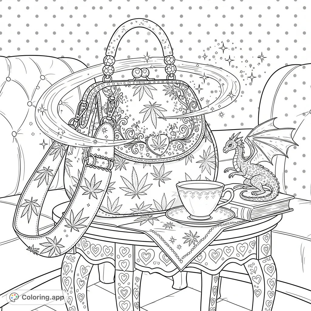 Discover a unique cannabis-themed purse on an ornate table in a luxurious lounge. Intricate leaf patterns, sparkling beads, and elegant vines await your creative touch.